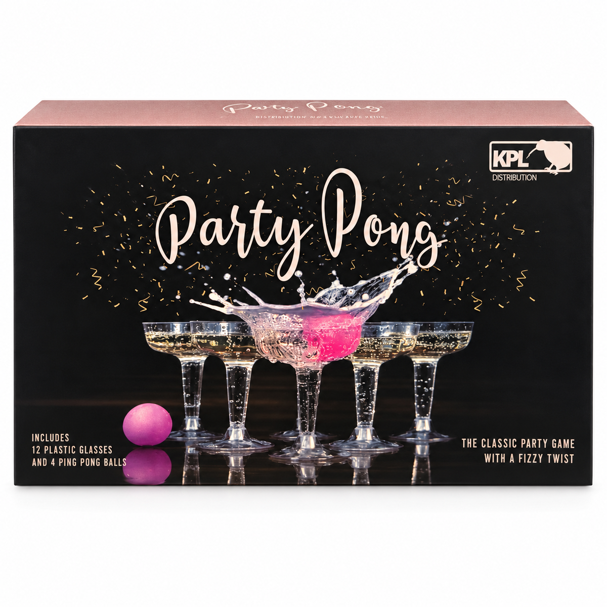 KPL Party Pong drinking game set with 12 plastic coupe glasses and 4 pink ping pong balls