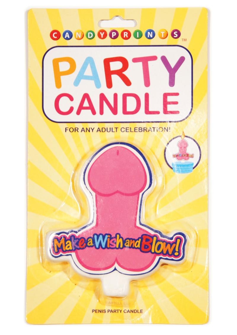 Pink penis-shaped party candle on white background