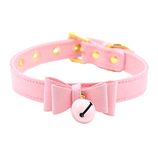 PINK PU Leather Bow Choker Collar with bell