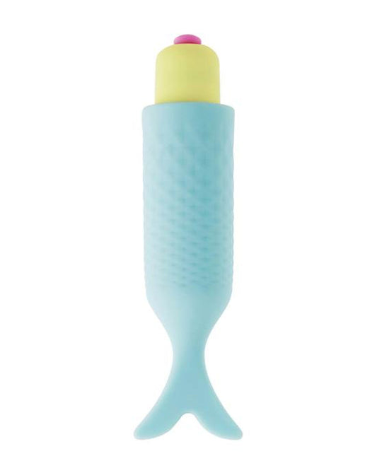 PLAY Fish Tail mini vibrator in teal with yellow base and pink button