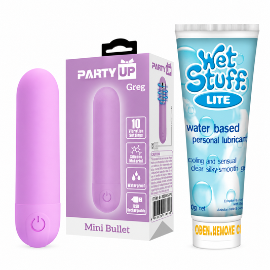 First Toy + Lube Bundle: Party Up Greg rechargeable mini bullet and Wet Stuff Lite 90g