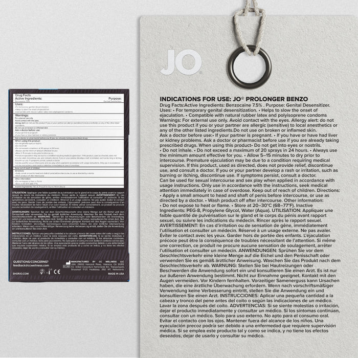 Back view of JO Prolonger Benzocaine Spray packaging