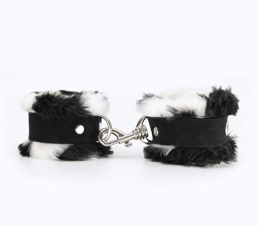 Love In Leather Black & White Fluffy Cuffs