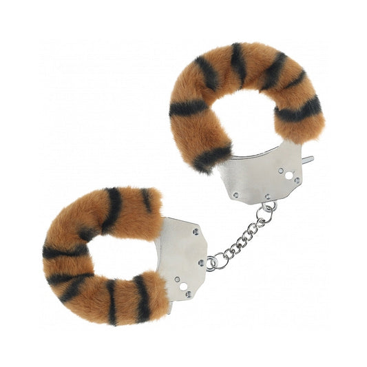 Ouch heavy-duty fluffy handcuffs in tiger print packaging