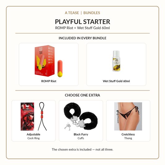Playful Starter bundle options – ROMP Riot, Wet Stuff Gold 60ml and choose one extra