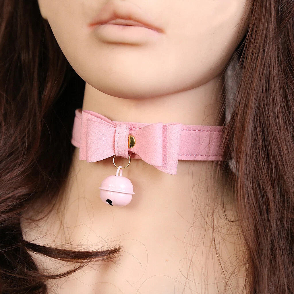 PINK PU Leather Bow Choker Collar with bell